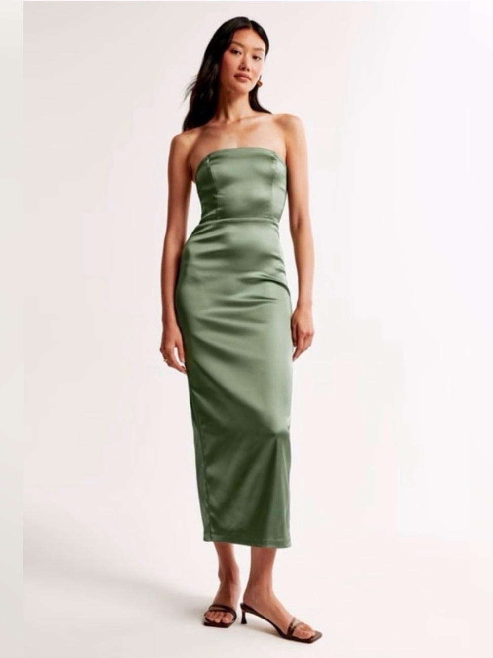 Abercrombie Strapless Sculpt Green Satin Midi Dress